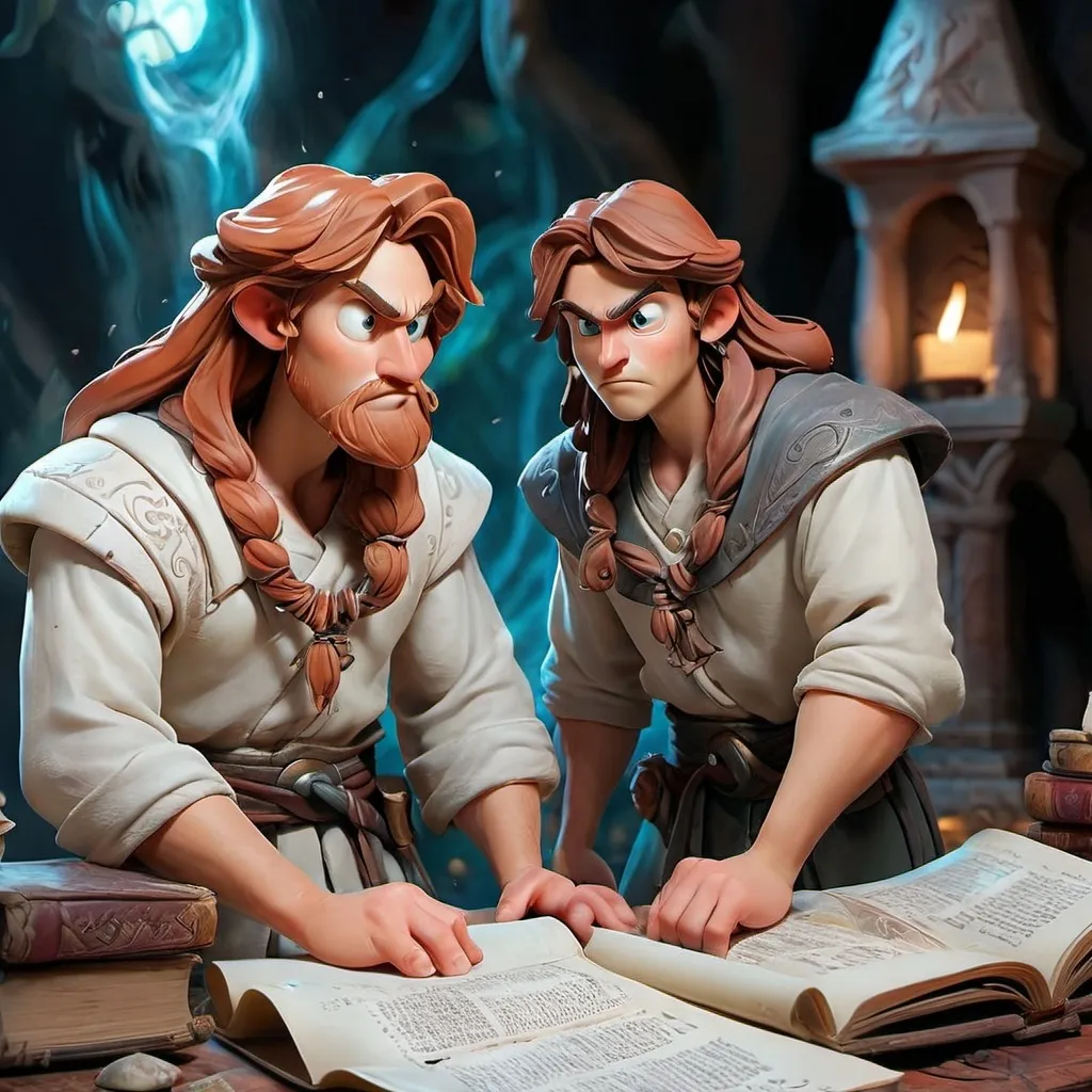 Prompt: (mystical scene of Chris and Master Altair), an intricate and deep fantasy setting, (altruistic mentorship), magical energies swirling around, ancient scrolls and artifacts displayed, dramatic lighting casting shadows, (wise expressions), (ultra-detailed, HD), serene yet powerful ambiance reflecting growth and enlightenment, lush surroundings invoking a sense of mystery and knowledge.