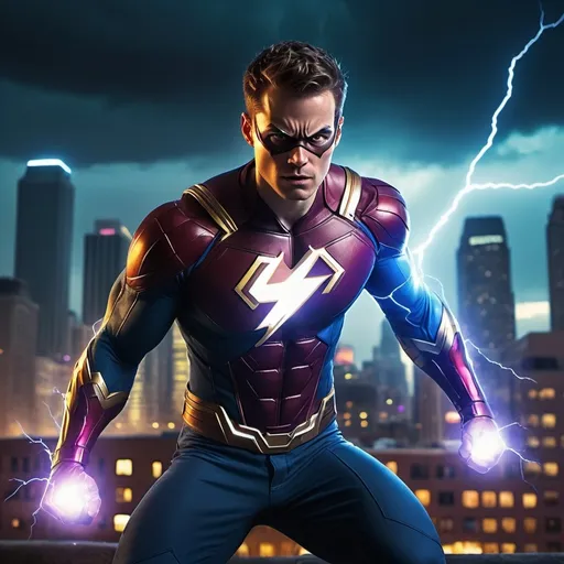 Prompt: (overwhelmed expression), Chris, (superhero character), dynamic pose, colorful energy aura surrounding him, vivid lightning effects, dramatic contrast between dark and bright tones, urban background setting with a skyline, cinematic atmosphere, emotional intensity, (highly detailed), (4K quality), sense of wonder and confusion.