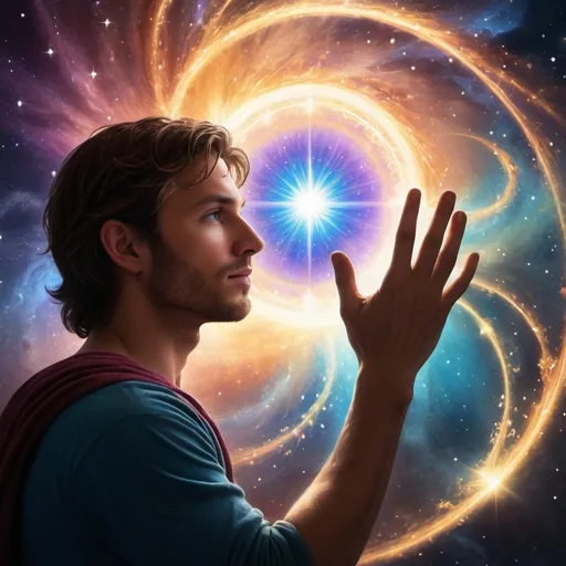 Prompt: (Chris touching the Eye of Eternity), ethereal energy surging around him, (magical abilities awakening), vibrant colors radiating outward, mystical symbols shimmering, atmospheric glow enhancing the scene, dynamic lighting capturing the power of transformation, (highly detailed), enchanting background filled with cascading stars and mystical swirls, evoking a sense of awe and limitless possibilities, very cinematic quality, (dramatic) ambiance.