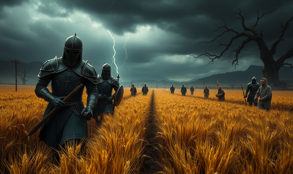 Prompt: "In a dark, foreboding wheat field under a stormy sky, Gothic-armored soldiers move through the rows of golden wheat. The soldiers, clad in intricately designed dark armor with ominous accents, are collecting tribute or taxes from the laboring farmers. The field is marked by twisted, shadowy trees and distant, mist-covered mountains. The atmosphere is tense and oppressive, with flashes of lightning casting eerie shadows across the scene. The farmers, dressed in tattered clothing, look on with apprehension as the soldiers, with grim expressions, gather the collected goods. The setting is both bleak and intimidating, reflecting a sense of dark authority and unease. --v 5 --ar 16:9 --dark fantasy --gothic --intimidating --stormy lighting --high detail