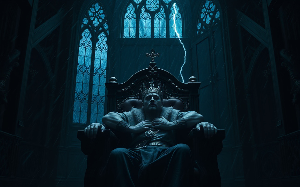 Prompt: "Inside a grand, dark throne room, a king sits slumped in his throne, weak and dying. His crown tilted, his hands resting lifelessly on the armrests, while a storm rages outside, rain lashing against tall gothic windows. The atmosphere is cold and ominous, with dark shadows cast over his pale face. In the distance, the heavy wooden doors slowly creak open, revealing the royal advisor entering solemnly, announcing the king’s death. Lightning flickers in the background. --v 5 --ar 16:9 --dark fantasy --moody lighting --high detail"