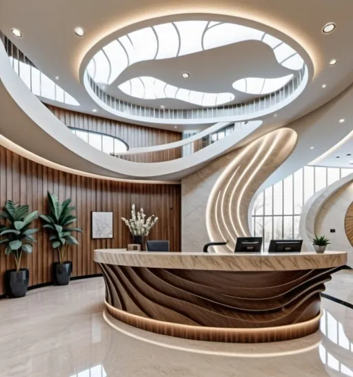 Prompt: large oval foyer with a large reception desk in a wavy design