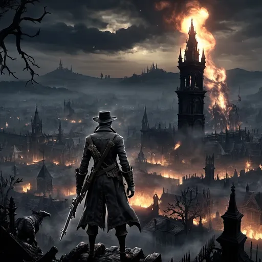 Prompt: Bloodborne hunter looking at the city of yharnam burning among mostruous beasts.
