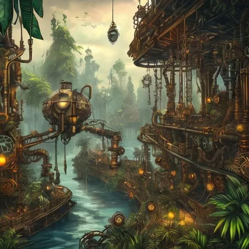 Prompt: A steampunk world in jungle