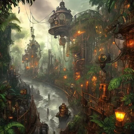 Prompt: A steampunk world in jungle