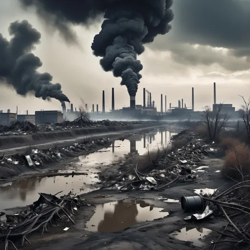 Prompt:      "An image depicting environmental destruction: a barren landscape with polluted rivers, dead trees, and smoke rising from factories in the background. The sky is filled with dark, ominous clouds, and there is trash scattered everywhere, symbolizing the harm done to nature and wildlife."
   