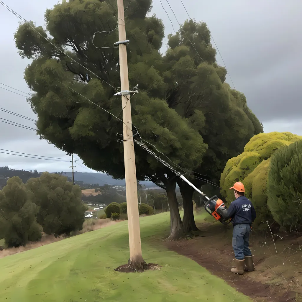 Prompt: A person with their back to the camera you can't see their face. The person is wearing gumboots and holding a hedge trimmer. They are trimming  tree. Near the tree there is a 3 wire powerline. The tree isn't touching the powerline. The background is faded shadowed out trees and hills. This is for a public safety campaign about trimming trees so they don't touch power lines. Make the powerline more of a feature. Make it more cartoony 
