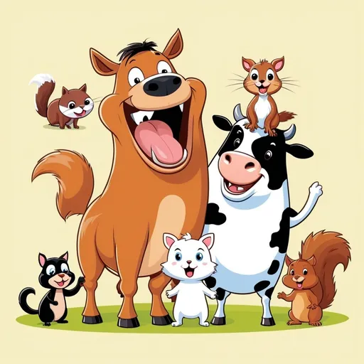 Prompt: Coloured vector art, dog, cat, squirrel, horse, cow have been caught misbehaving, blank background, they're cute happy and smiling.
