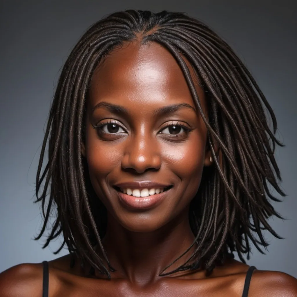 Prompt: An attractive dark-skinned female in her mid 30s with long tiny microlocks