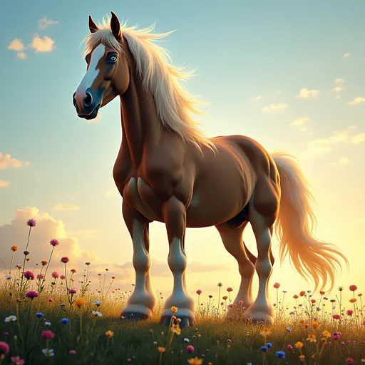 Prompt: a muscular male clydesdale horse with long manes and blue eyes