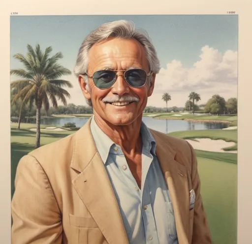 Prompt: 2d detailed drawings 1980's handsome happy older tan man at country club sun glasses muted