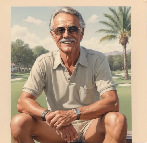 Prompt: 2d detailed drawings 1980's handsome happy older tan man at country club sun glasses muted