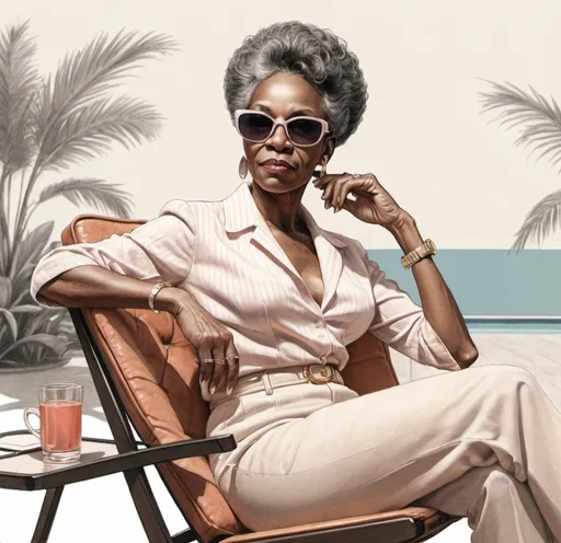 Prompt: 2D detailed drawing 1980's older black woman stylish sunglasses sitting on lounge chair, image muted colors