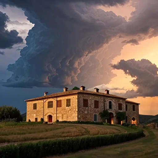 Prompt: Under the Tuscan sun, with a stone rustic house and stormy sky