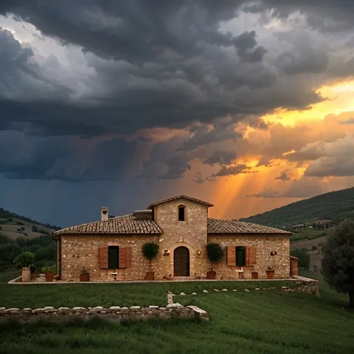 Prompt: Under the Tuscan sun, with a stone rustic house and stormy sky