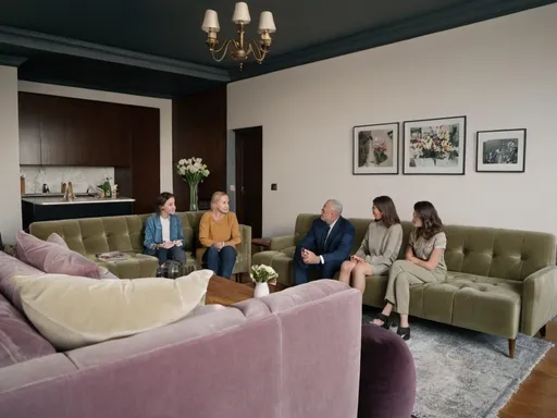 Prompt: a group of people sitting on a couch in a living room together with a coffee table and a vase of flowers, Arthur Sarkissian, private press, vfx, a picture