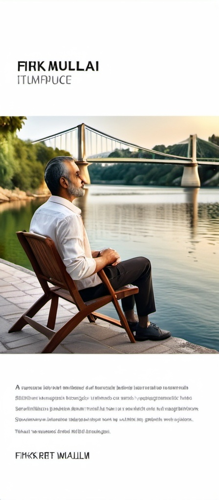 Prompt: a man sitting on a chair next to a body of water with a bridge in the background and a tweel on the screen, Fikret Muallâ Saygı, aestheticism, jayison devadas, a stock photo