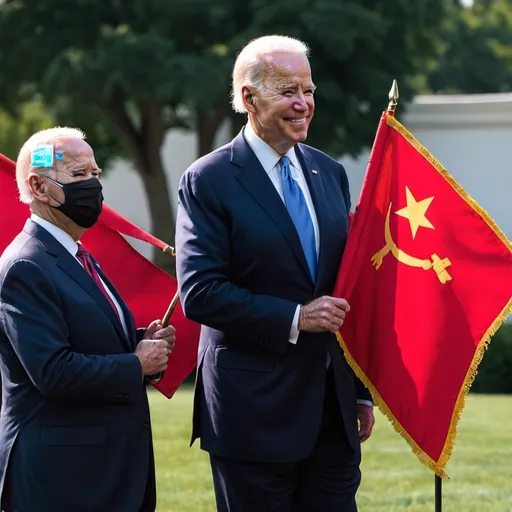 Prompt: Joe Biden with a communist flag, Donald Trump American flag.
