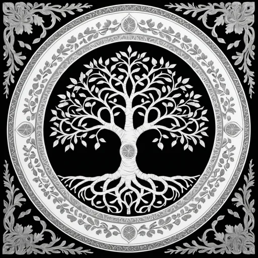 Prompt: black and white tree of life
 in wide bordered 
medalion
