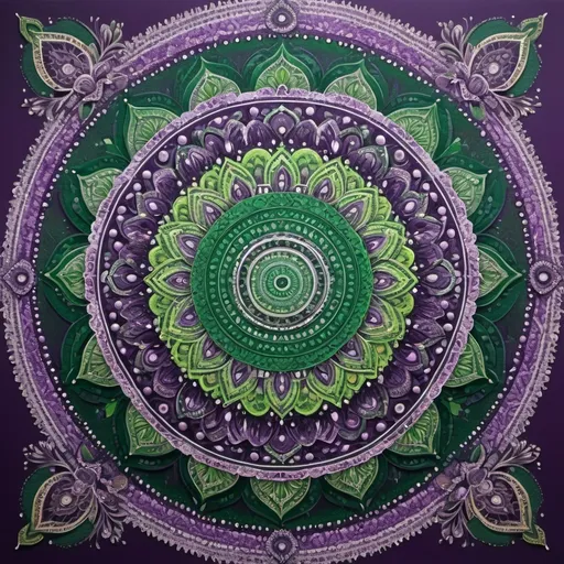 Prompt: mandala dot art in green and purple
