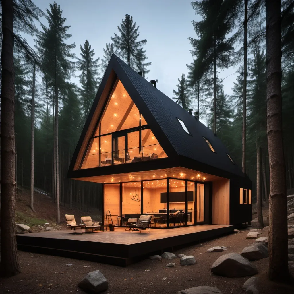 Prompt: A custom modern cabin in forest add real LEDs make everything look real