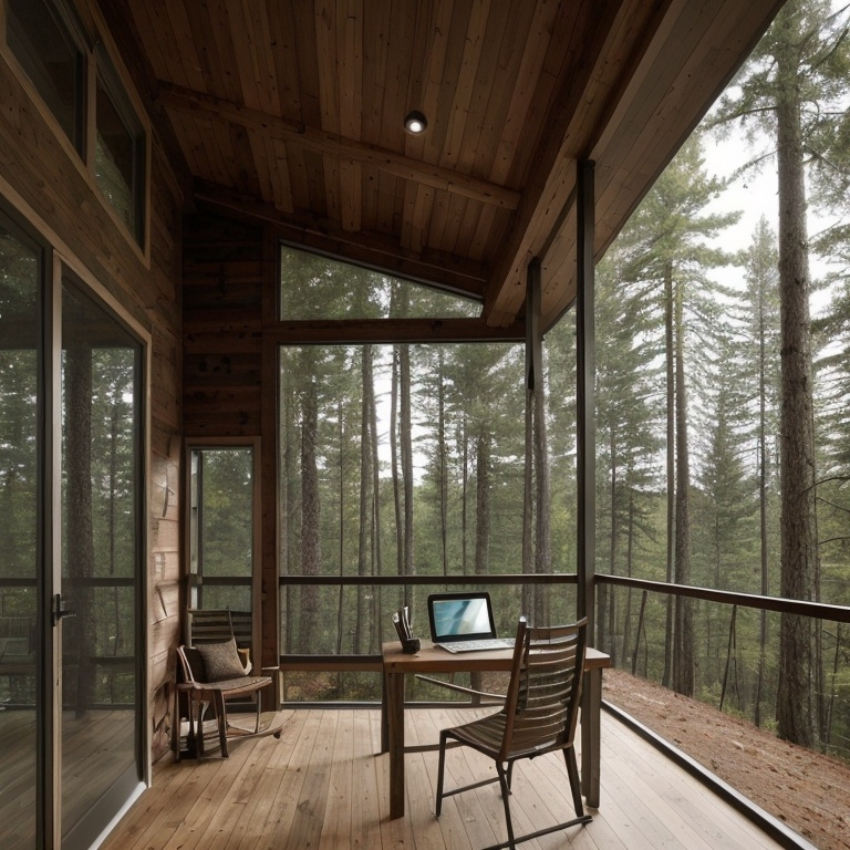 Prompt: A modern cabin in the forest add a writers desk and paper and pen on the porch. Add a Christian custom cross 