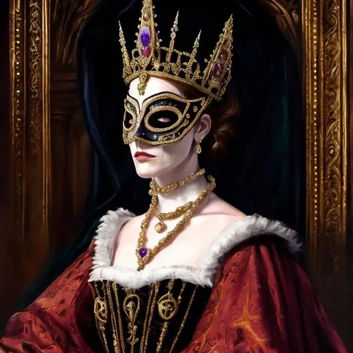 Prompt: Queen Gertrude from Hamlet wearing a  Masquerade Mask, oil painting, royal attire, classic art style, regal colours, dramatic lighting