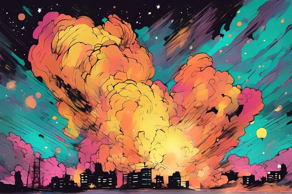 Prompt: huge explosion fire flames, night, stars