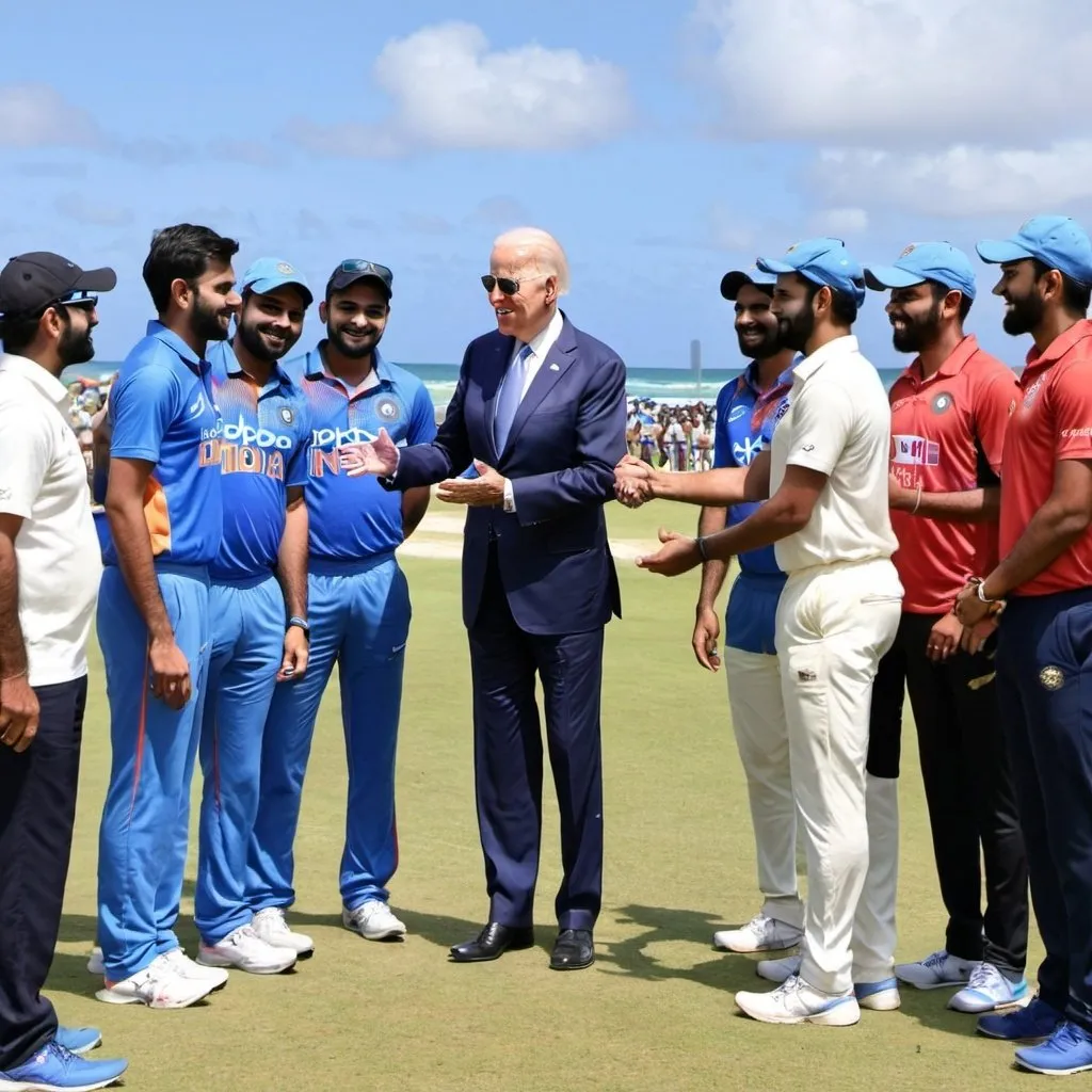 Prompt: President Joe Biden congratulating the Indian T20 cricket winning team in Barbados which included Rohit Sharma, Virat Kohli, Jasprit Bumrah etc.