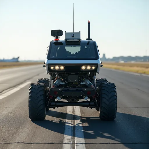 Prompt: Autonomous airport debris detection and cleaning vehicle mounted on a light passenger utility cart, operating on an asphalt airport runway.

The vehicle features a 6-meter wide front scanning system with three high-definition cameras: one centered on the roof, two on left and right sides, providing comprehensive real-time runway surface monitoring.

A front-mounted lidar sensor generates detailed 3D maps detecting debris, cracks, and potholes.

Infrared proximity sensors enhance short-range detection of metallic objects and obstacles.

Below the vehicle, a 6-meter long neodymium magnet arm collects metallic debris like bolts, screws, wires, and metal shavings efficiently without interfering with electronics or runway structure.

The vehicle is controlled by a weatherproof Raspberry Pi 4 control box on the roof, integrated with GPS and wireless communication for precise navigation and real-time data transmission.

The vehicle's wheels show dusty texture indicating continuous outdoor operation.

Materials are rugged, industrial, and weather-resistant, designed to withstand sun, rain, dust, and mechanical impacts.

Lighting is natural daytime sunlight casting realistic shadows and reflections on the worn asphalt runway, highlighting surface details such as cracks and scattered debris.

The overall design is functional, durable, and clean, emphasizing reliability and continuous autonomous operation in a real airport environment.

Safety features like emergency stop buttons and obstacle avoidance sensors are subtly visible on the vehicle.

