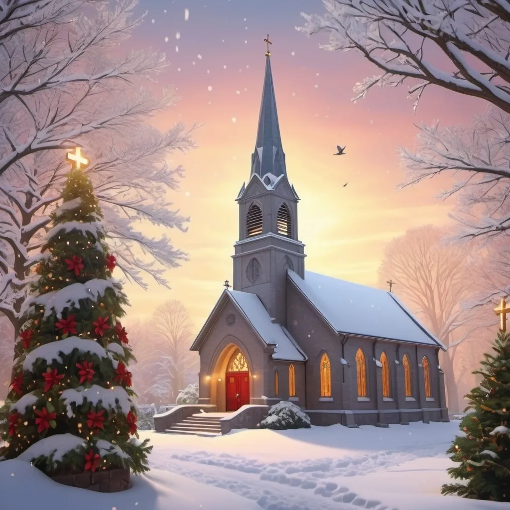 Prompt: Christmas scene snow church snow with roof cross robin holly with red berries