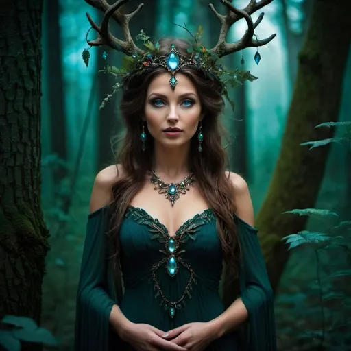 Prompt: Gorgeous enchanted goddess in a dark enchanted forest.
