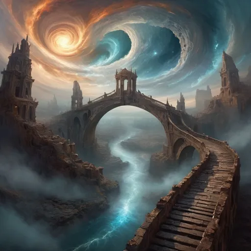 Prompt: Lost in an otherworldly realm, where reality bends and fantasy reigns supreme. I stand upon this bridge, gazing at the majestic ruins of a bygone era, swallowed up by the swirling vortexes of nothingness. The sky above is a canvas of nebulous forms, swirling in an ethereal dance that only the god can comprehend.