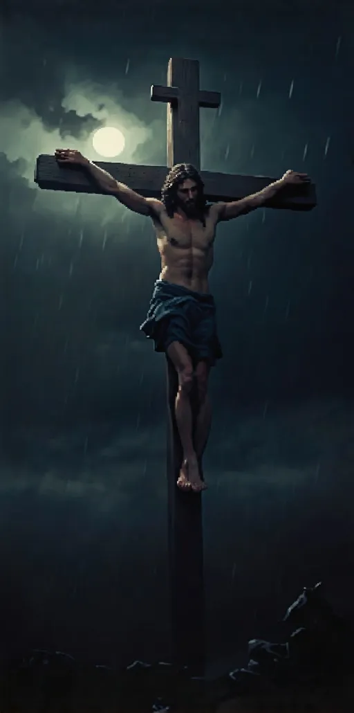 Prompt: Jesus Christ on the cross, photograph, rain and darkness, highly detailed, religious, dramatic lighting, traditional art, somber tones, spiritual
