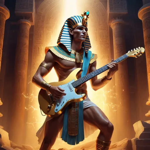 Prompt: A captivating illustration of a joseph of the Egypt, playing an enchanted electric guitar. The guitar has a gleaming golden body and emits shimmering energy with each strum . The cinematic atmosphere radiates epic adventure and enchanting music., cinematic