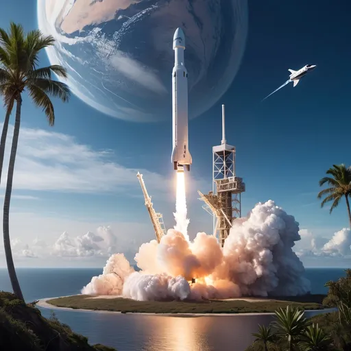 Prompt: a dream tropical landscape with a spacex rocket lifting off into the stratosphere.