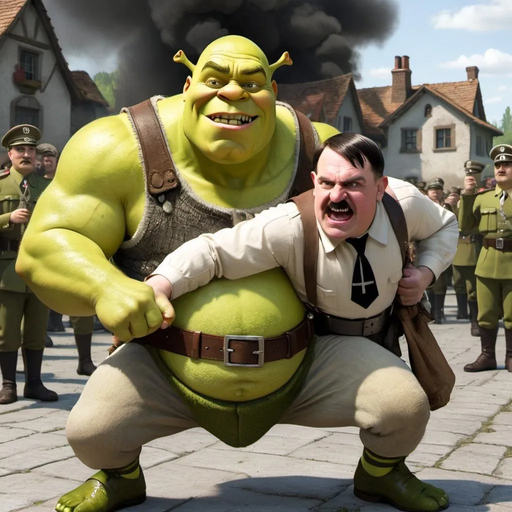 Prompt: shrek is fighting whits hitler