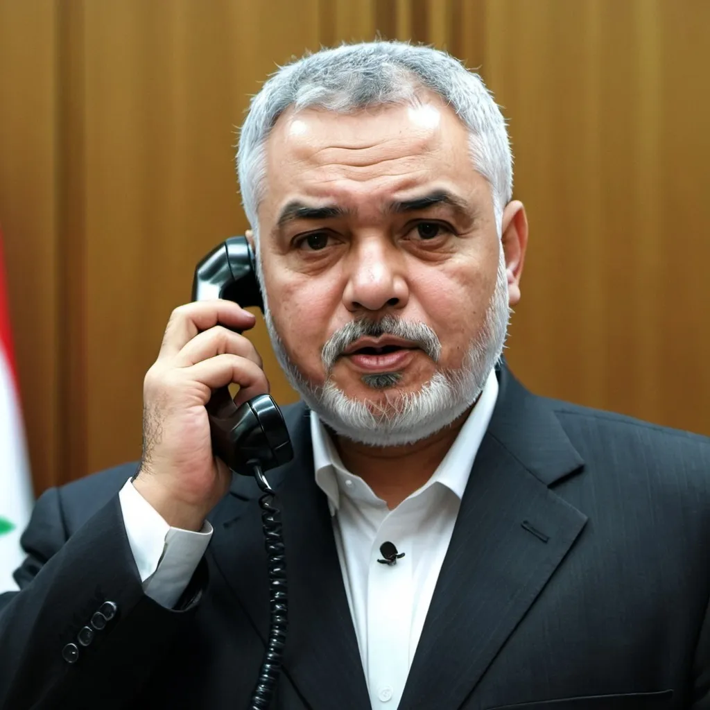 Prompt: Generate a photo of Ismail haniyeh talking on the phone