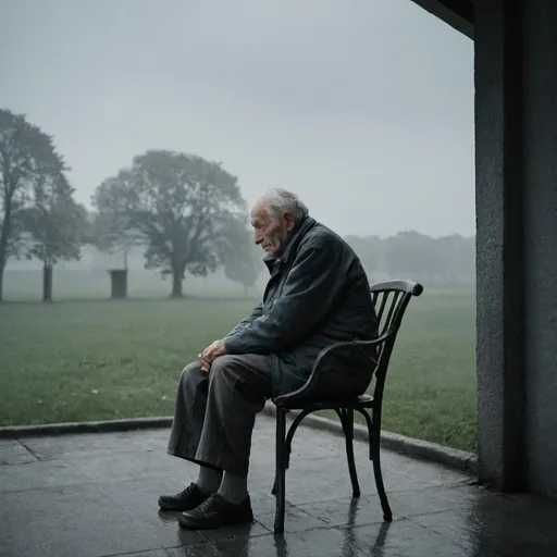 Prompt: an old man is sitting on a chair outside on a gloomy day
