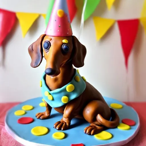 Prompt: A birthday cake in the shape of a dash dachshund, sitting on a table with dogs dressed as little children. The cake should have a number five.