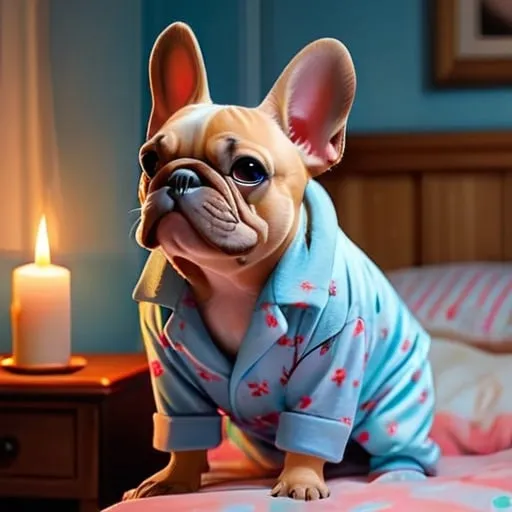 Prompt: A Frenchie stands in the bedroom in his pajamas and a candle and turns off the light