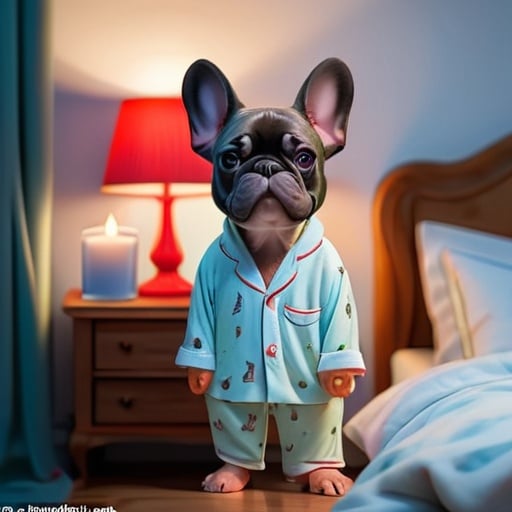 Prompt: A Frenchie stands in the bedroom in his pajamas and a candle and turns off the light