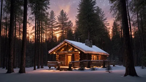 Prompt: Beautiful log cabin in a forest clearing, night time, warm glow emanating from the windows, warm, cozy peaceful feeling 4k