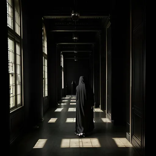 Prompt: a woman in a black robe walking through a hall with chairs and a screen in the background with a woman in a black robe, Abdullah Gërguri, unilalianism, grim yet sparkling atmosphere, a photo