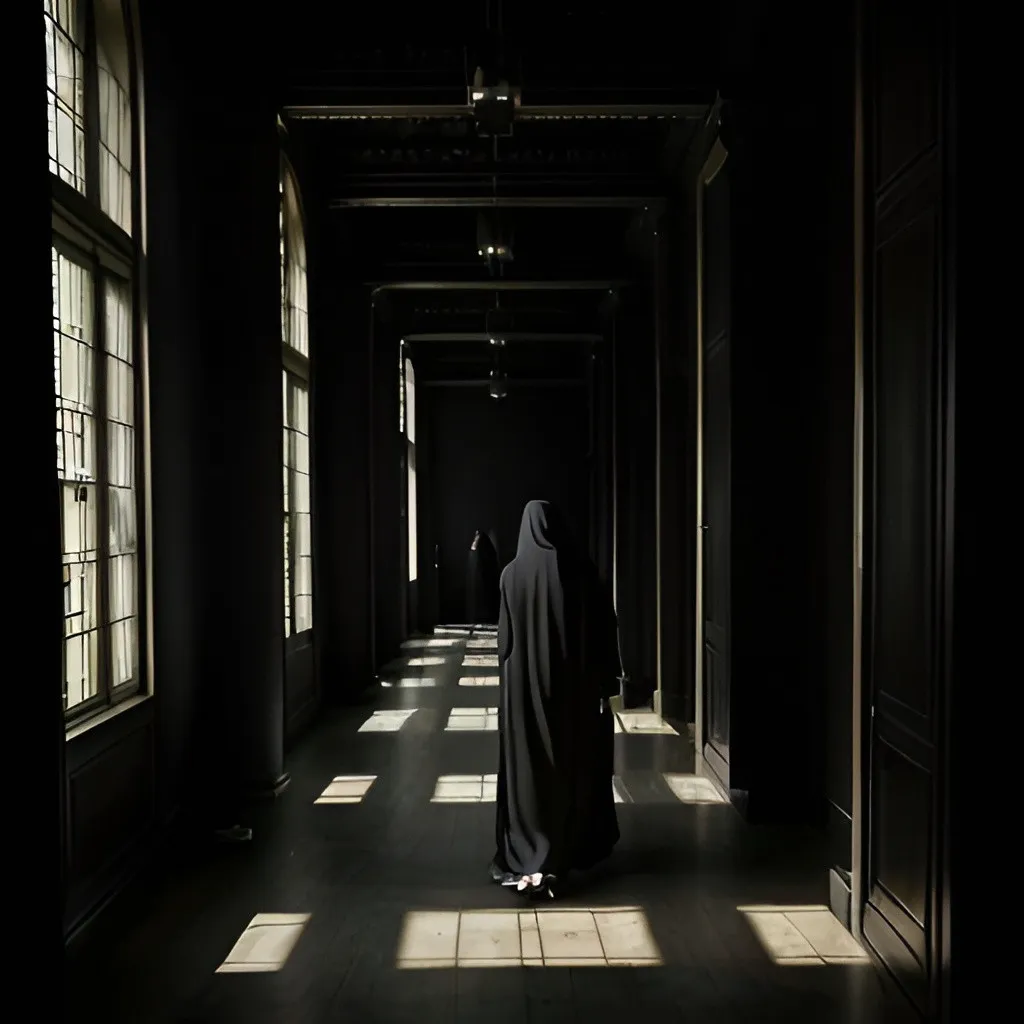 Prompt: a woman in a black robe walking through a hall with chairs and a screen in the background with a woman in a black robe, Abdullah Gërguri, unilalianism, grim yet sparkling atmosphere, a photo