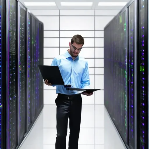 Prompt: a businessman looking at a server rack in a datacenter, the mac is holding a ledger and pointing at the servers
