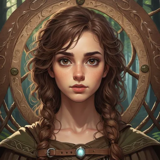 Prompt: Fantasy illustration of a young woman with long brown hair and keen brown eyes, wearing a ranger's cloak with a harness, standing in a forest, highres, detailed, fantasy, forest, brown hair, keen eyes, stocky build, round face, curly hair ends, big eyes, atmospheric lighting