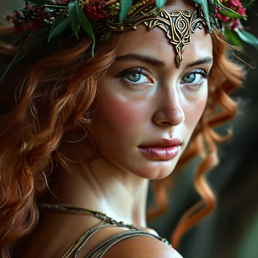 Prompt: Gorgeous, ultra-muscular,  25-year-old female goddess ballerina, gorgeous face, dark red flowing hair, peaceful expression, flowing druid costume, no shoes, classical dance position, ultra-realistic. Close up with bare torso