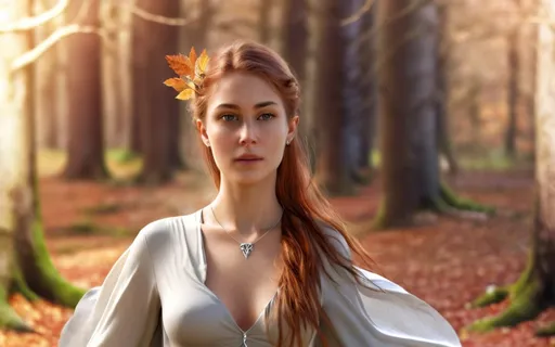 Prompt: a beautiful druid women in her forest, regal with a gown with her sternum bare with a delicate silver necklace across it. photorealistic