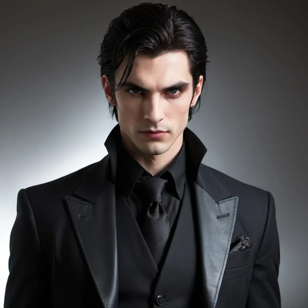 Prompt: vampire.
face Shape: Angular and defined, with high cheekbones and a strong jawline.
Eyes: Intense and piercing, often described as a deep, mesmerizing shade of dark blue or even black.
Brows: Dark, thick, and slightly arched, giving him a brooding expression.
Nose: Straight and well-proportioned.
Mouth: Full lips, often set in a serious or contemplative expression, with a hint of sharpness when he smirks.
Hair:

Color: Dark, almost jet black.
Style: Usually tousled or styled in a way that looks effortlessly cool, with a few strands falling over his forehead.
Complexion:

Pale but not sickly, with a smooth and unblemished appearance that hints at his supernatural nature.
Physique:

Build: Tall and lean, with a muscular build that suggests both strength and agility.
Height: Around 6'2" or 6'3", towering over most people.
Attire:

Style: Dark and sophisticated, often wearing tailored suits or high-quality leather jackets.
Accessories: Possibly a signet ring or an elegant watch, hinting at his status and taste.
Overall Presence:

Aura: Exudes a mix of danger and allure, with a commanding presence that draws people in despite their better judgment.
Expression: Often serious and contemplative, with moments of intensity that reveal his inner thoughts and emotions. 

 Darius from  "Born in Fire" :
- **Appearance**: Tall and well-built with a commanding presence. pale vampire.
- **Hair**: Dark, likely black or deep brown, and possibly wavy.
- **Eyes**: Intense and sharp, often described as dark .
- **Clothing**: Typically elegant, wearing tailored suits or stylish, sophisticated attire.
- **Expression**: Often serious and focused, with a hint of intensity.